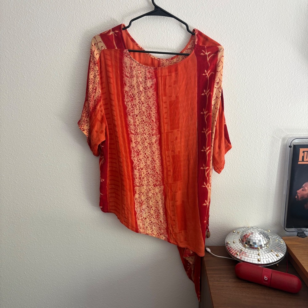 Boho Asymmetrical Sharkbite Tunic Top Orange Red Floral Beaded Tassel One Size - Picture 9 of 9